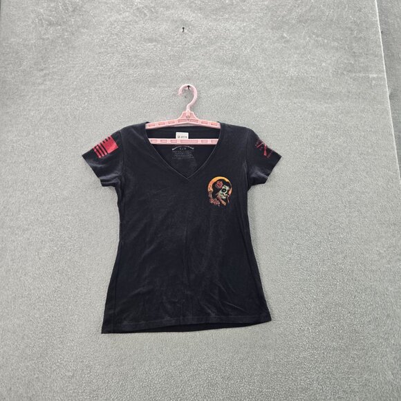 Grunt Style Women Shirt MEDIUM Black Graphic Print Activewear Logo V-Neck - Picture 5 of 8
